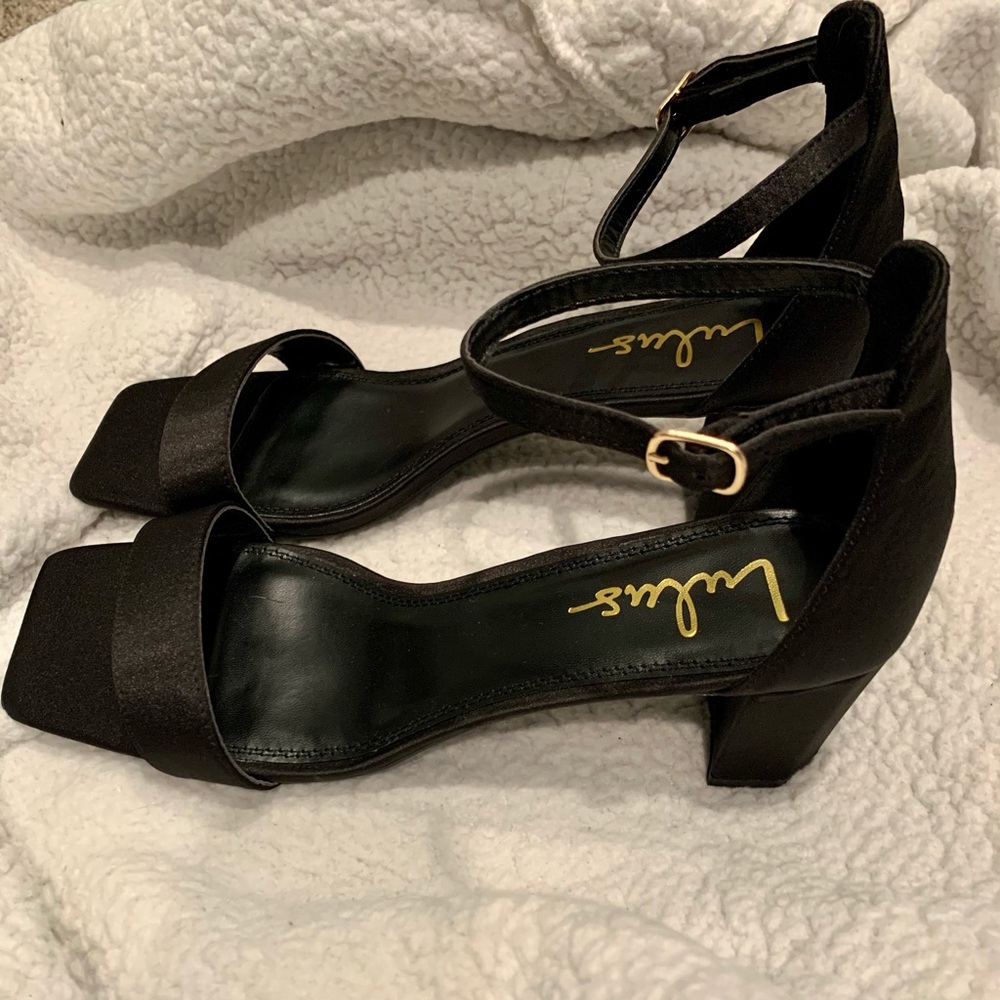 Lulu’s Black Satin Ankle Strap Heels